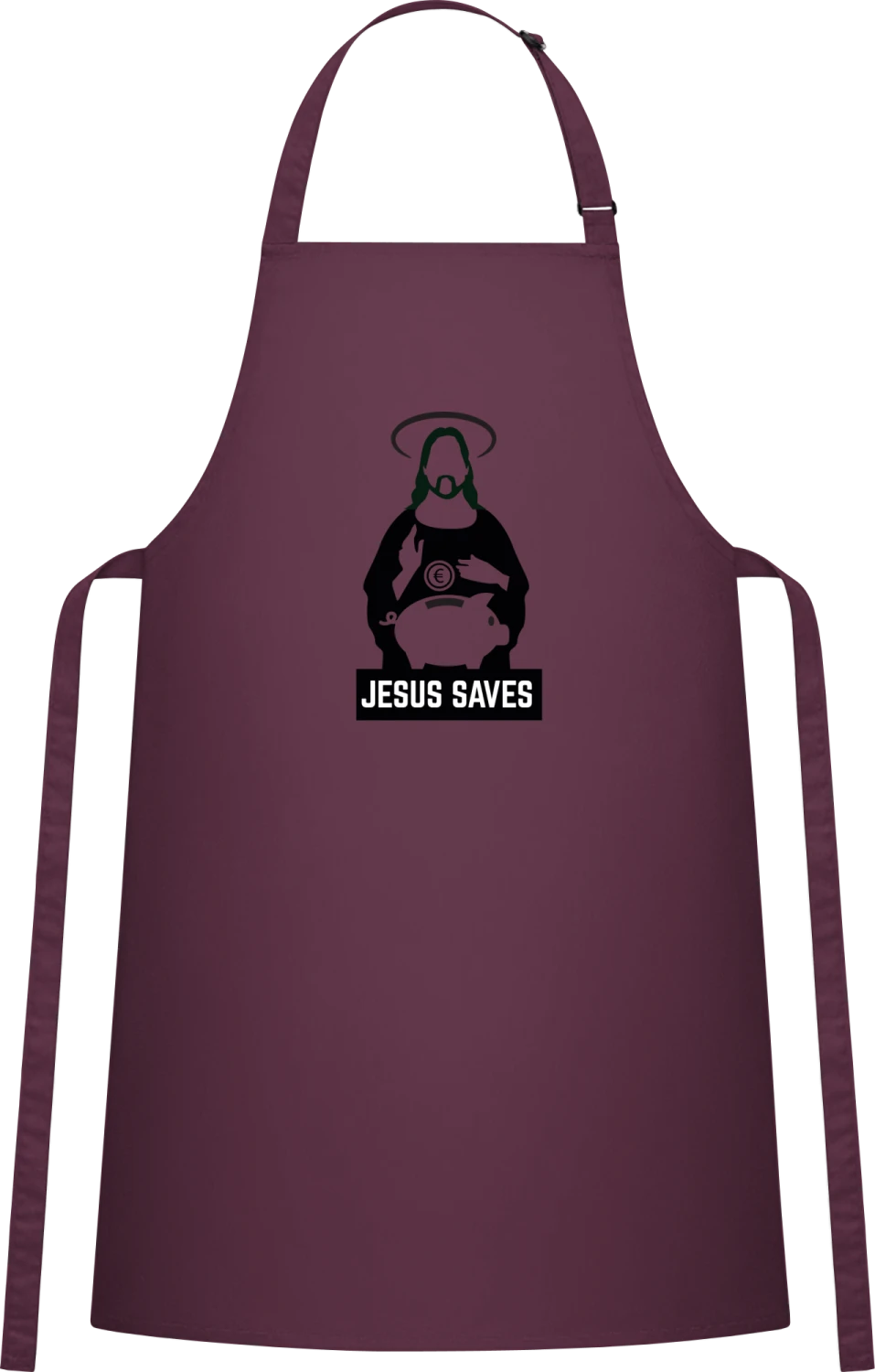 Jesus Saves Money - Aubergine Cotton Bib Apron - Front