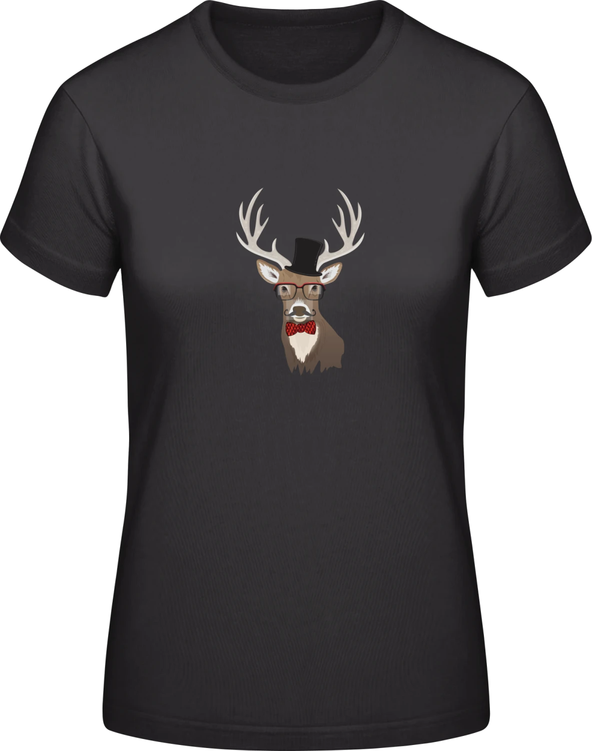 Mustache Deer Stag - Black #E190 women T-Shirt - Front