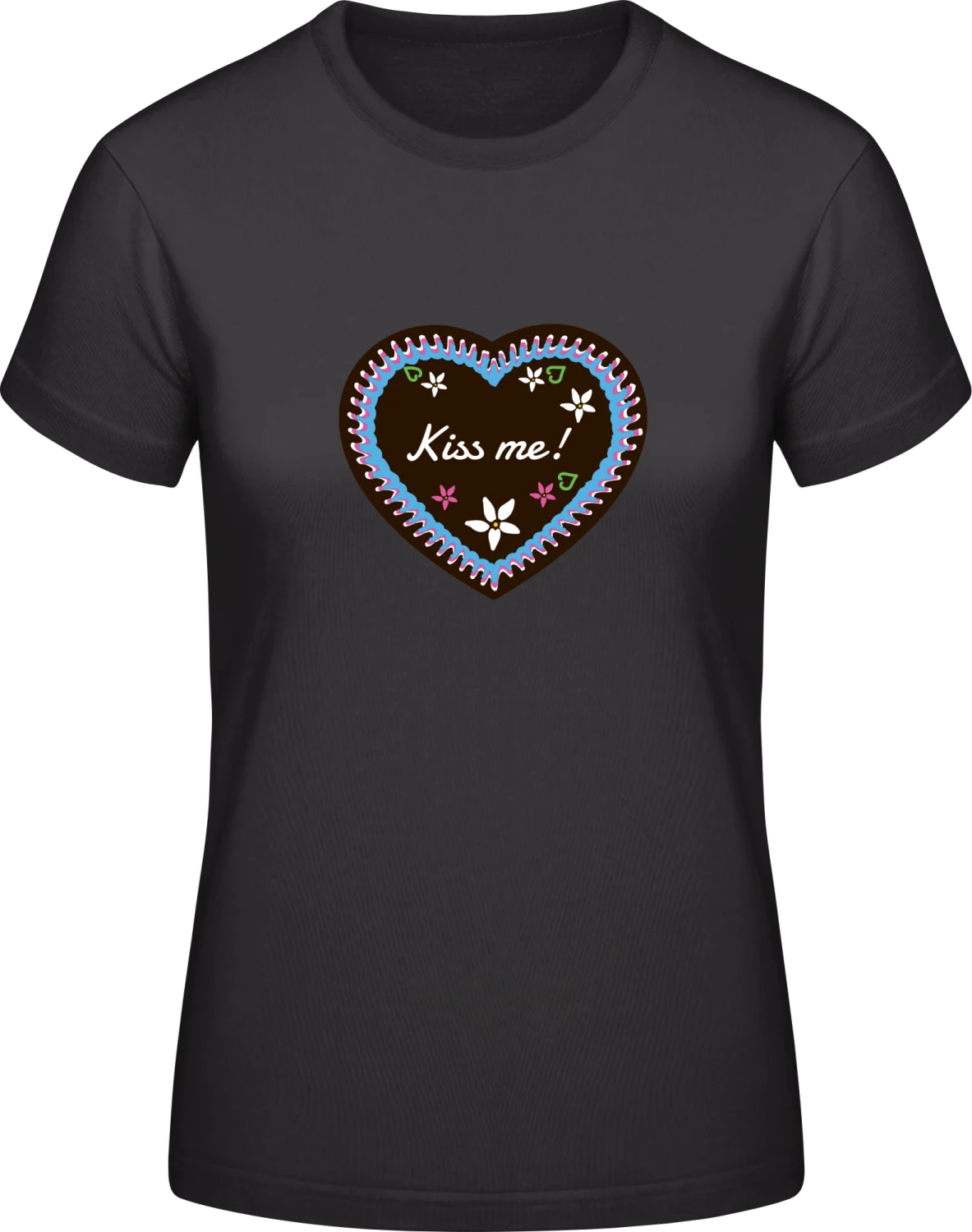 Kiss Me Gingerbread Heart - Black #E190 women T-Shirt - Front