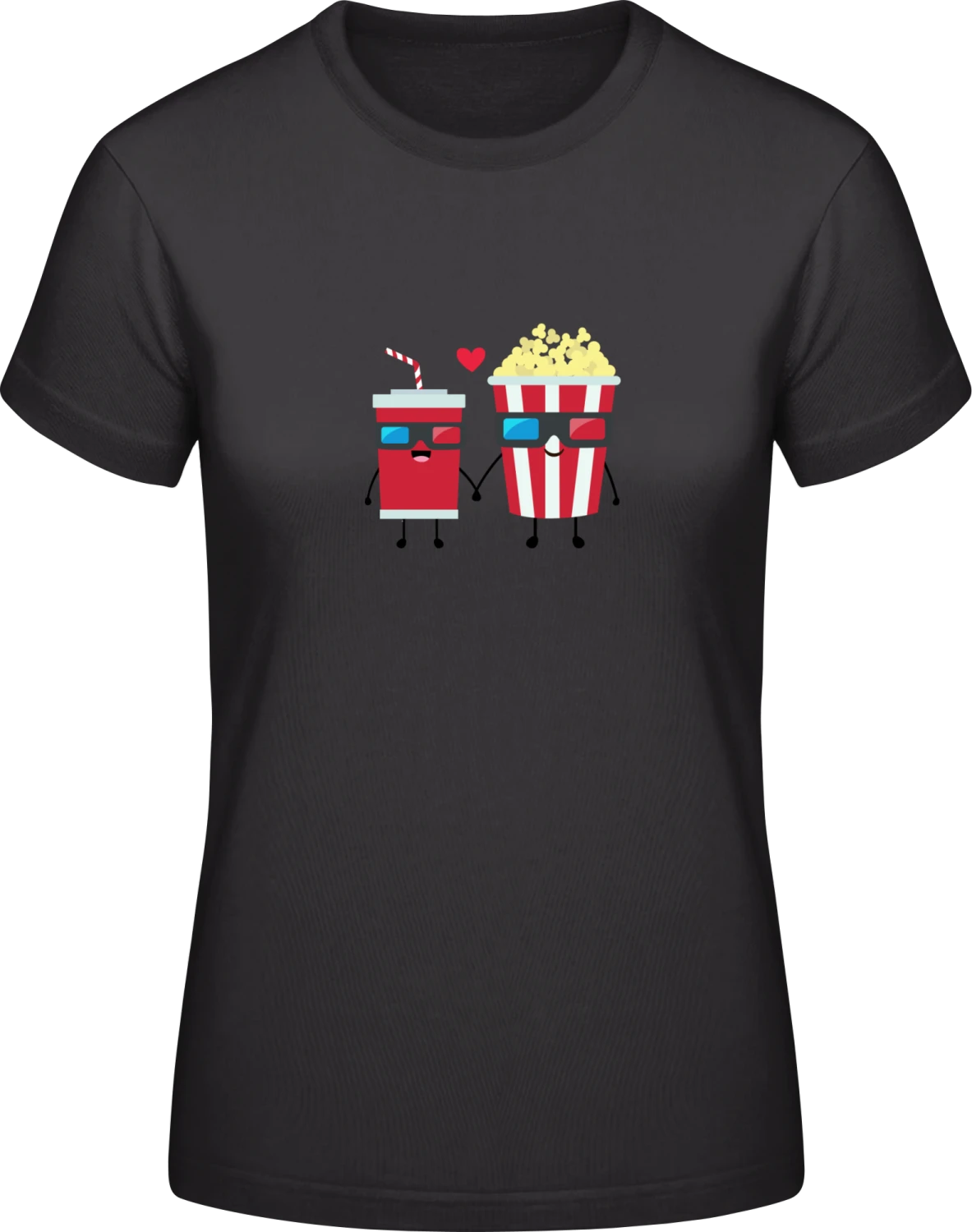 Drink And Pop Corn In Love - Black #E190 women T-Shirt - Front