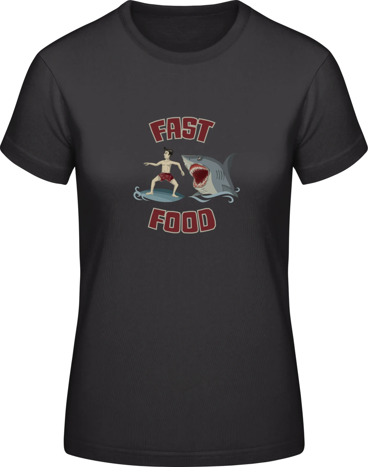 Fast Food Surfer vs Shark - Black #E190 women T-Shirt - Front