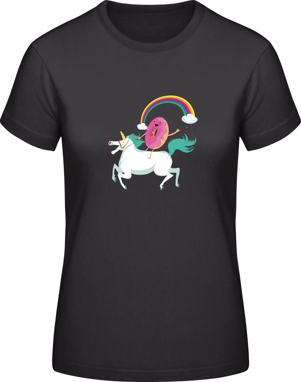 Donut Riding Unicorn - Black #E190 women T-Shirt - Front