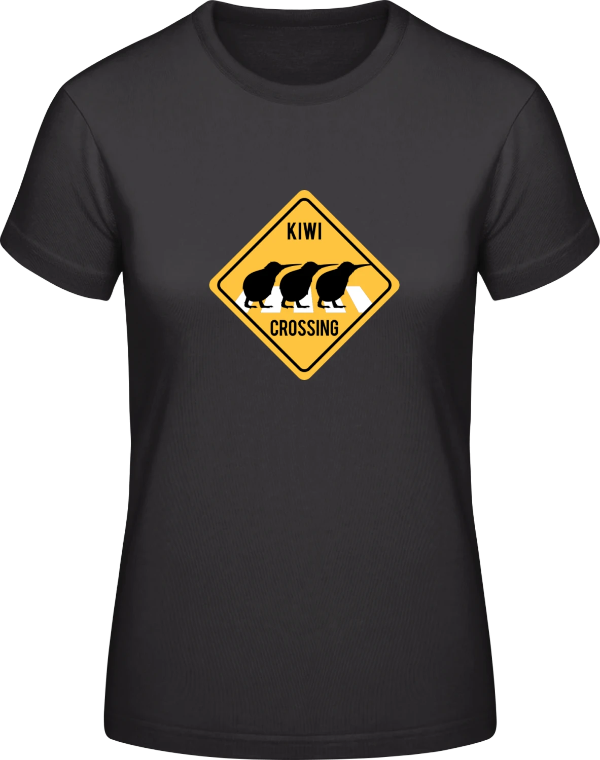 Kiwi Crossing Road Sign - Black #E190 women T-Shirt - Front