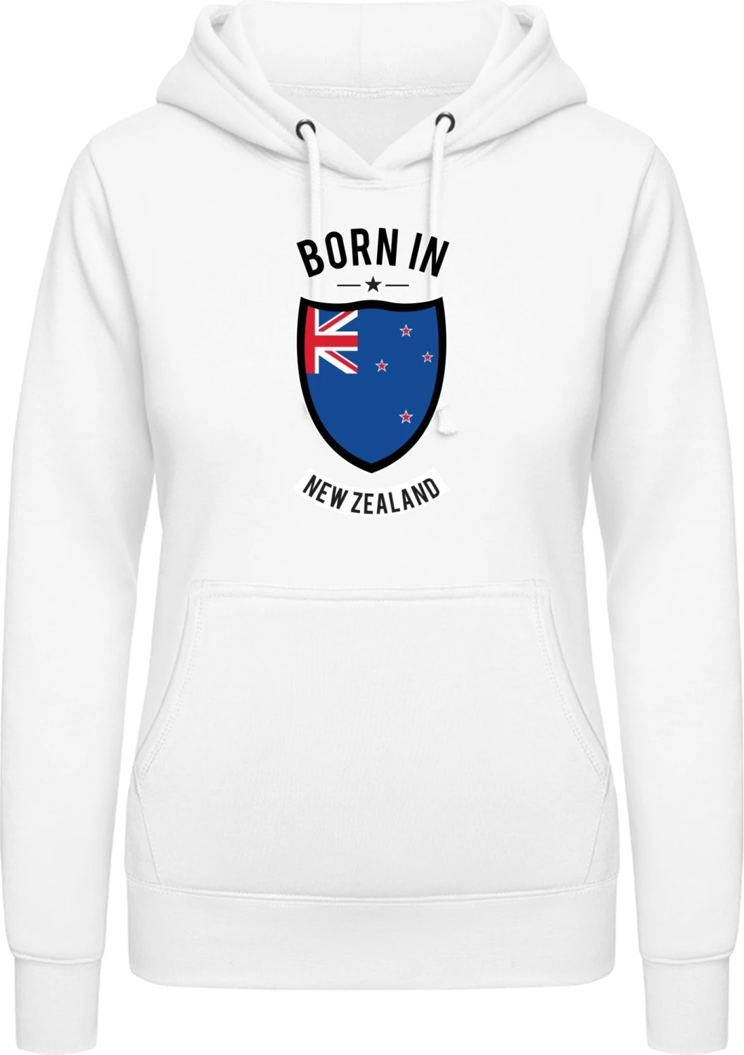 Born in New Zealand - Arctic white AWDis ladies hoodie - Front