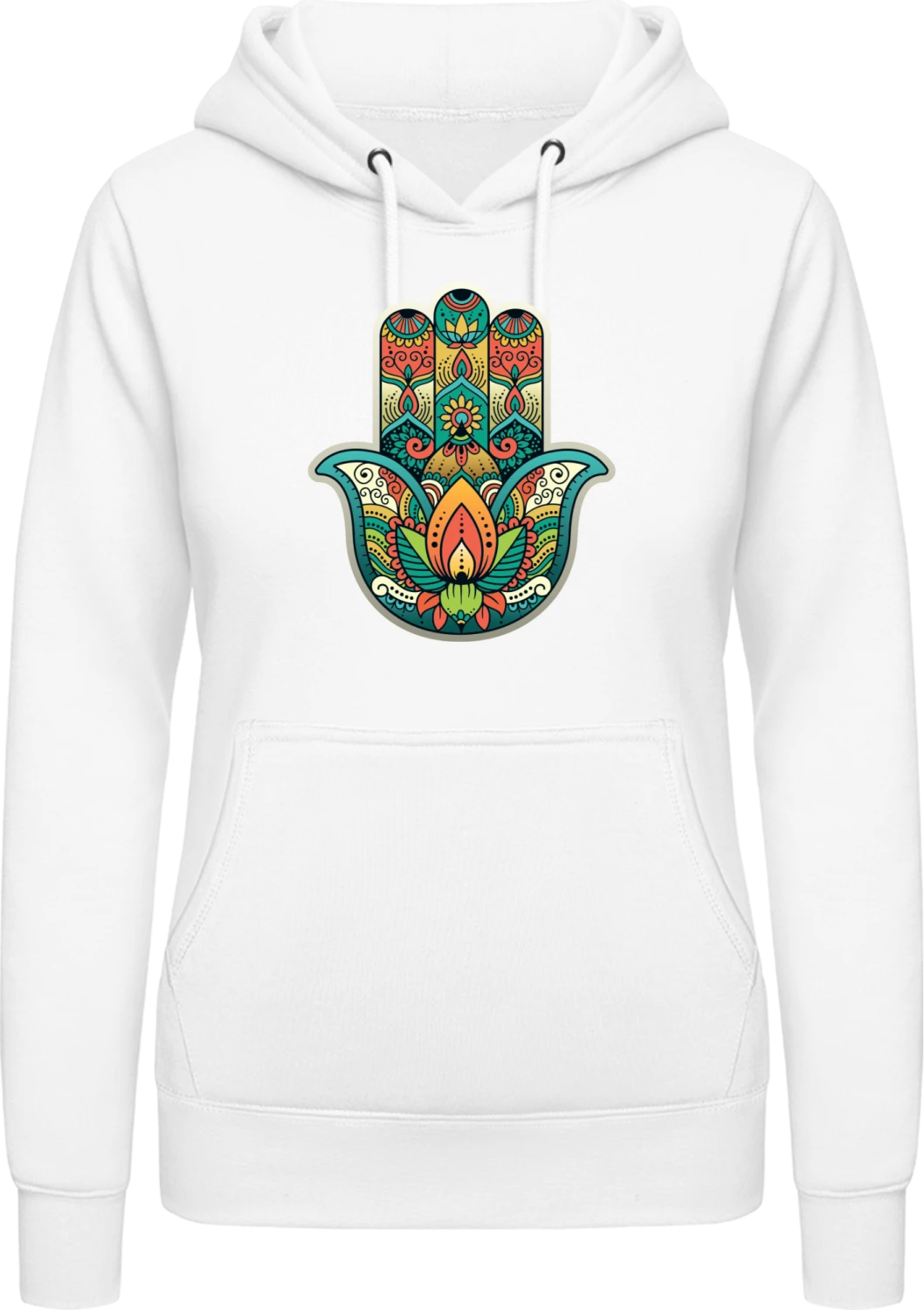 Colorful Hamsa Hand - Arctic white AWDis ladies hoodie - Front