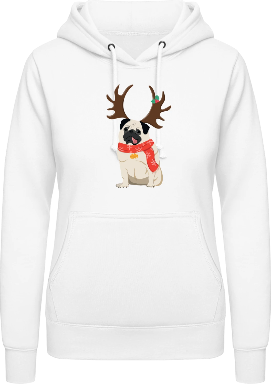 Christmas Pug - Arctic white AWDis ladies hoodie - Front