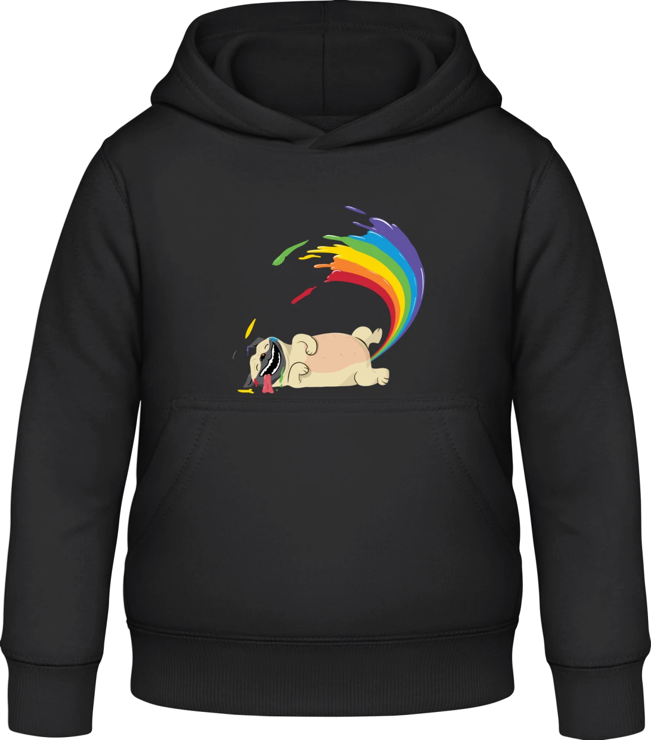 Pug Pooping A Rainbow - Black Awdis Hoodie Kids - Front