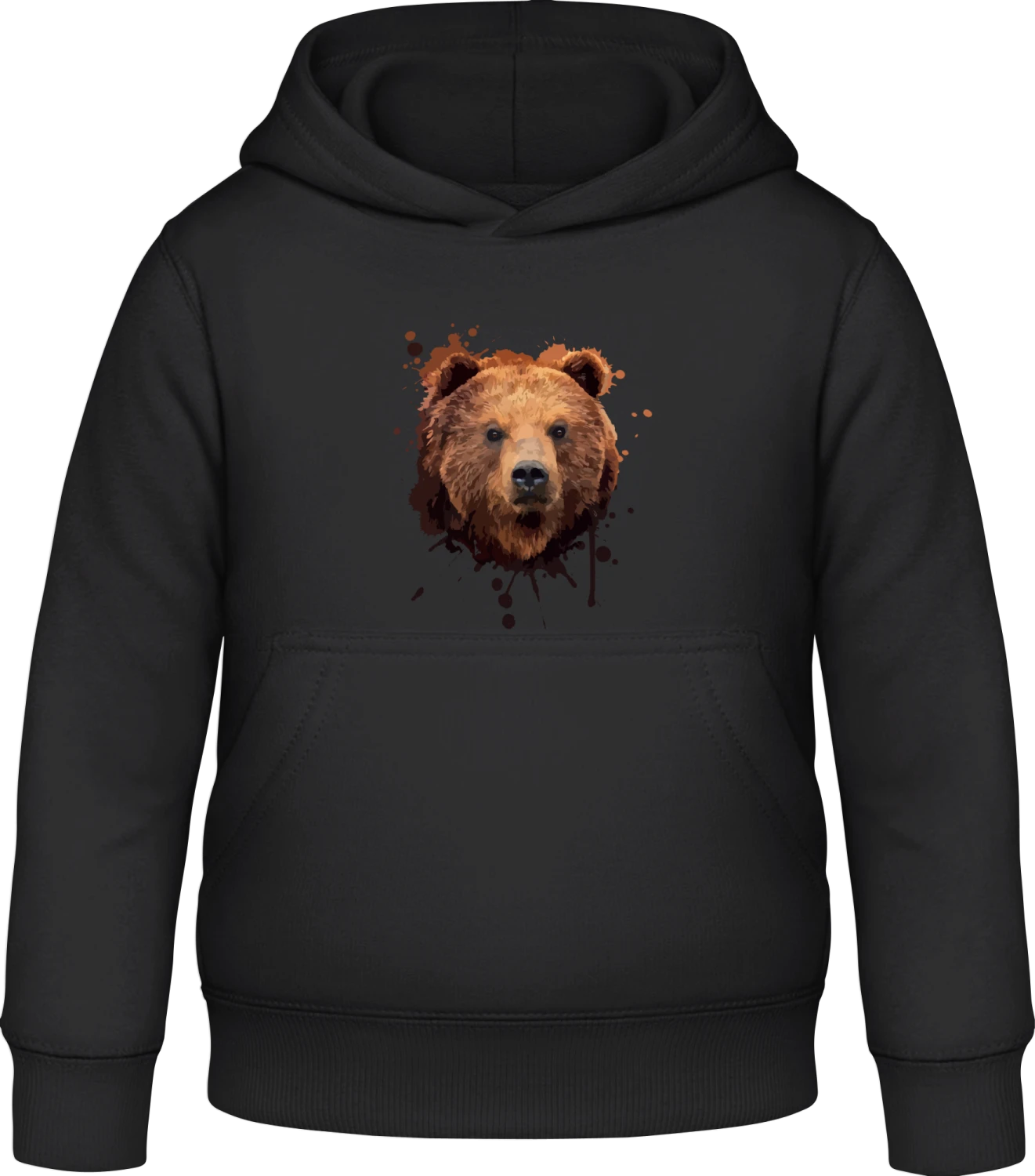 Brown Bear Face Watercolor - Black Awdis Hoodie Kids - Front