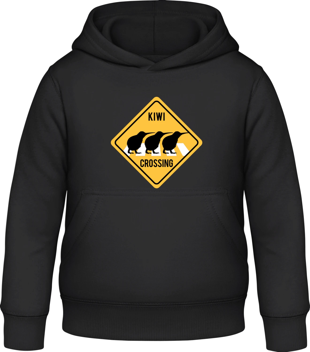 Kiwi Crossing Road Sign - Black Awdis Hoodie Kids - Front