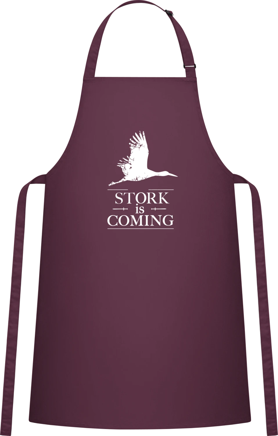 Stork Is Coming - Aubergine Cotton Bib Apron - Front