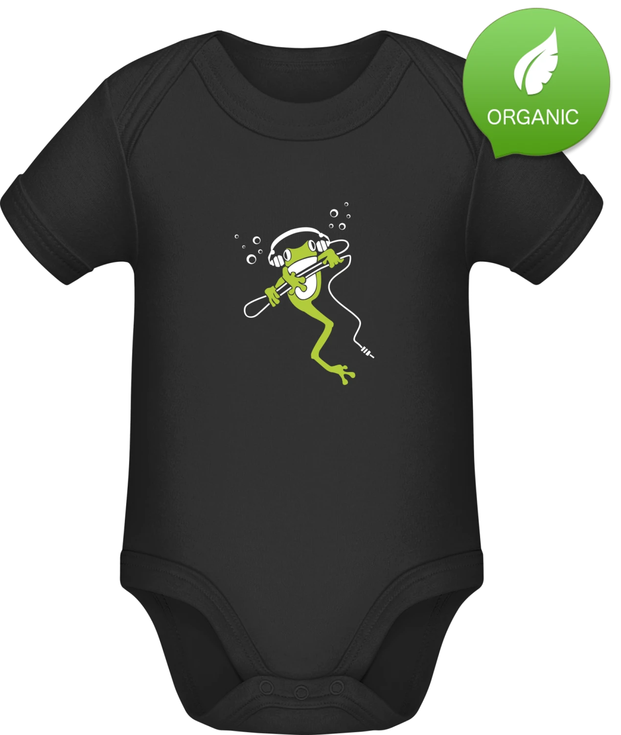Frog With Headphone - Black Organic Bodysuit - Front