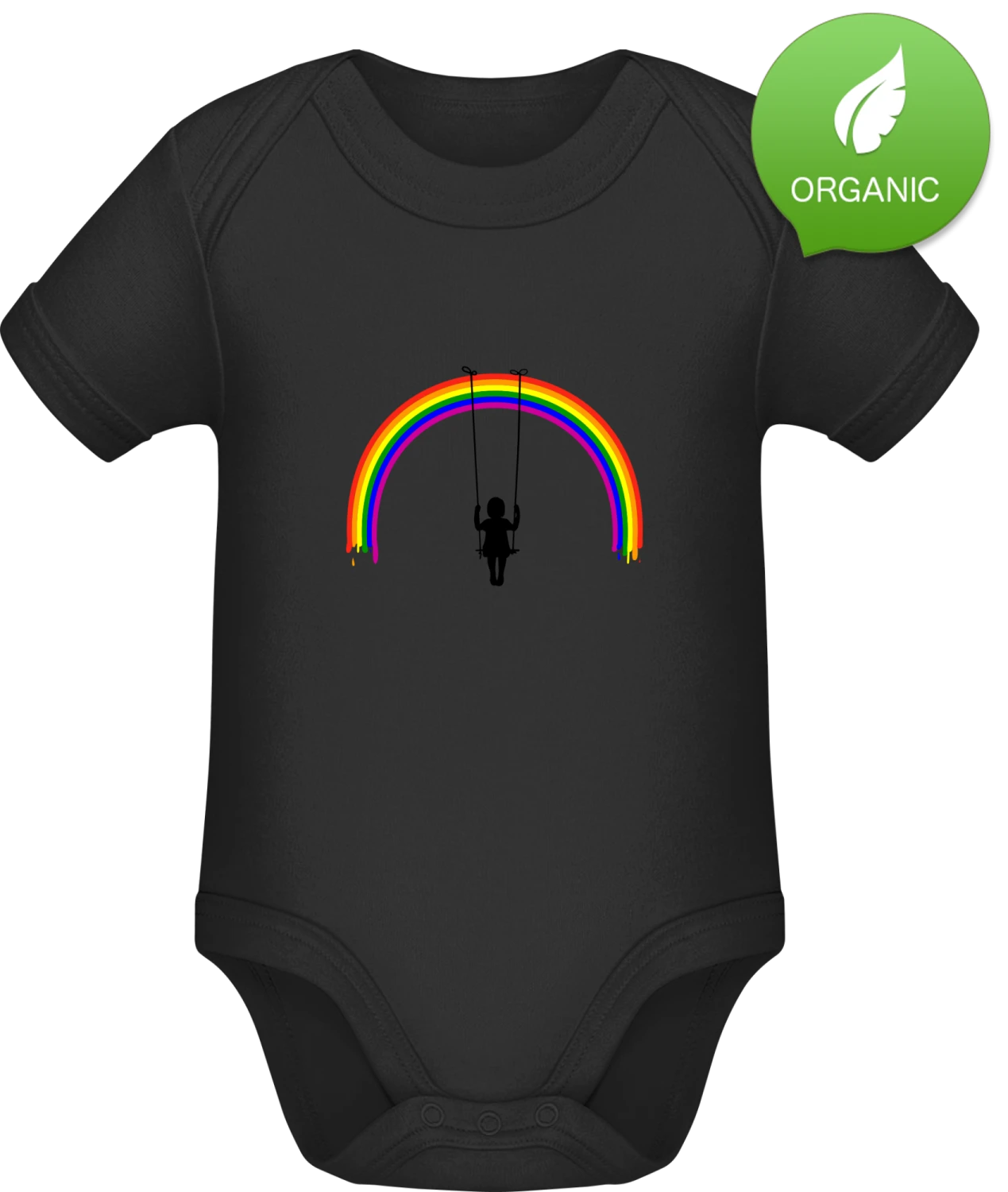 Rainbow Girl Swing - Black Organic Bodysuit - Front