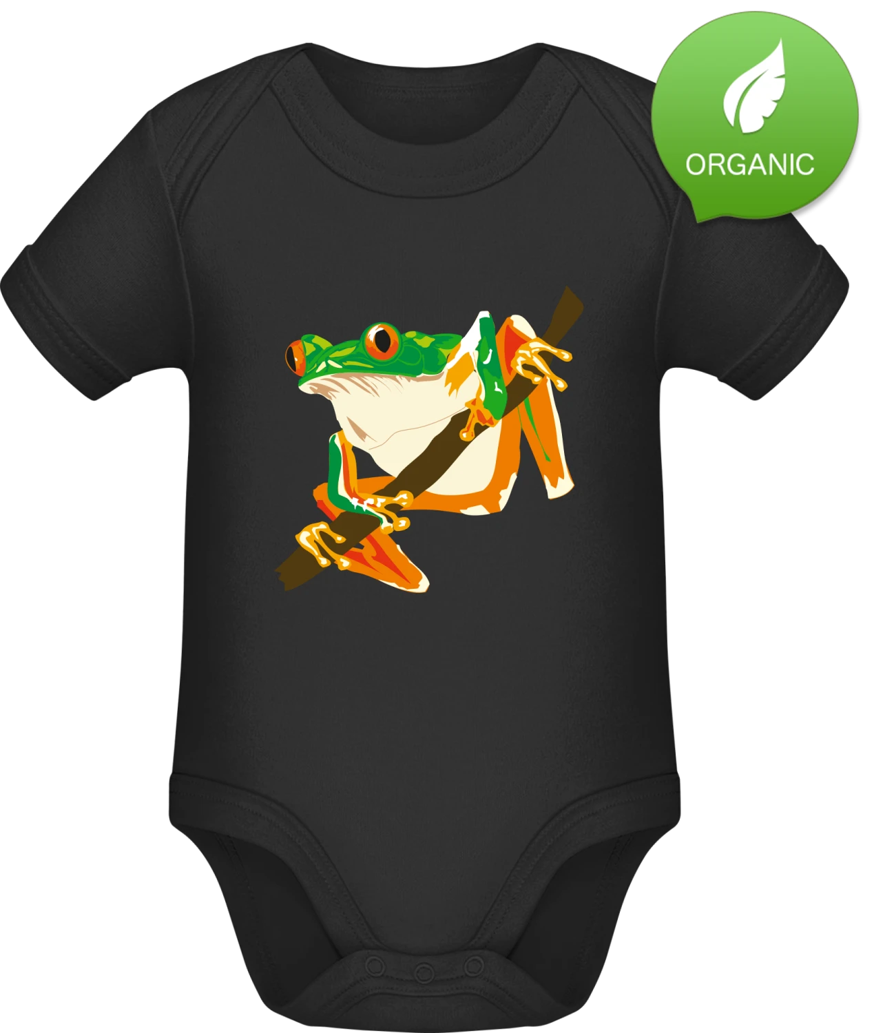Red Eyed Tree Frog On The Tree - Black Organic Bodysuit - Front
