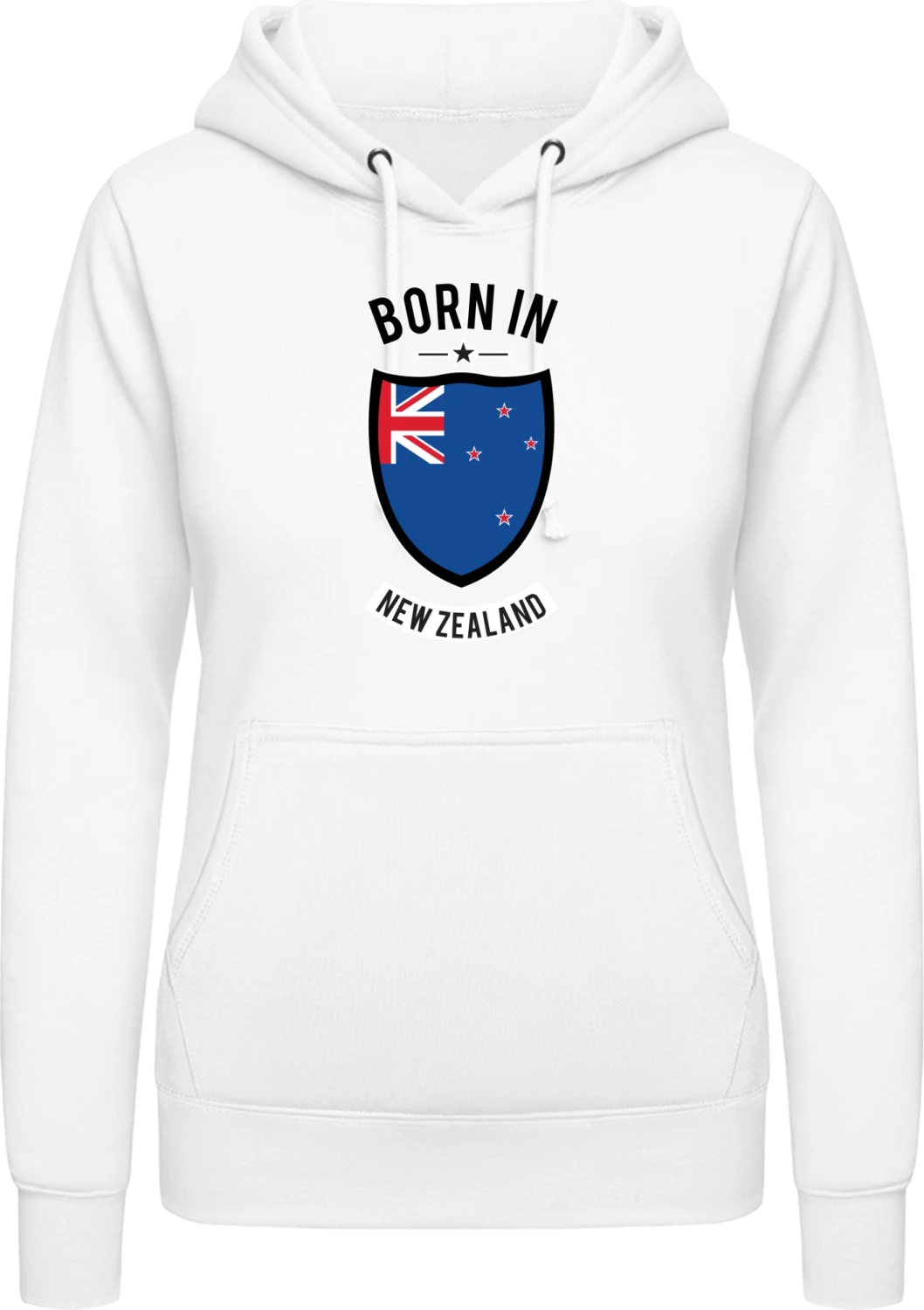 Born in New Zealand - Arctic white AWDis ladies hoodie - Front