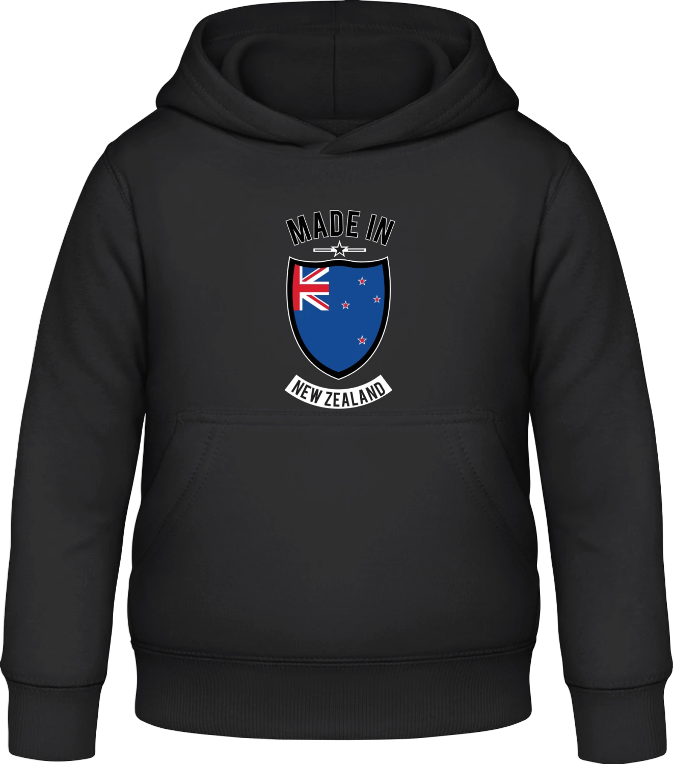 Made in New Zealand - Black Awdis Hoodie Kids - Front